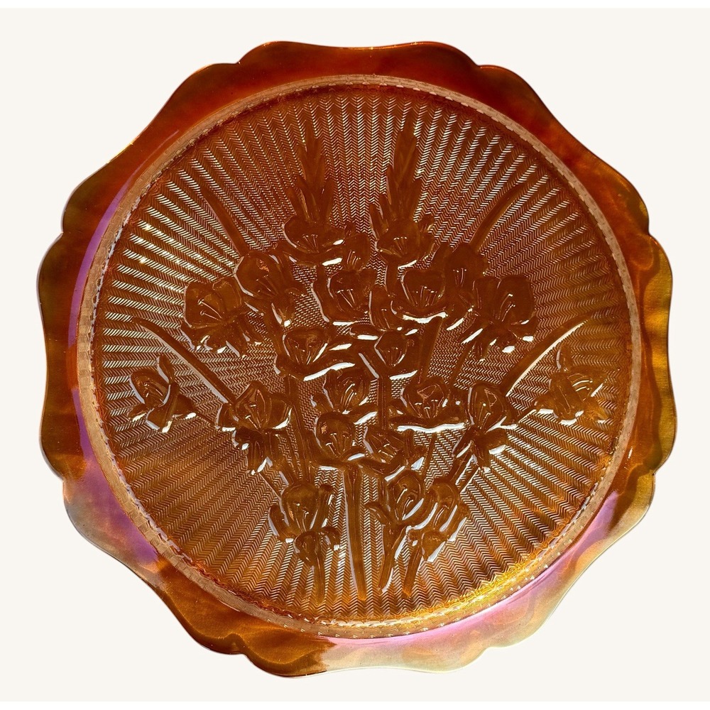 Vintage Jeannette Iris Herringbone Platter Plate Marigold Carnival Glass 12" - Picture 9 of 9